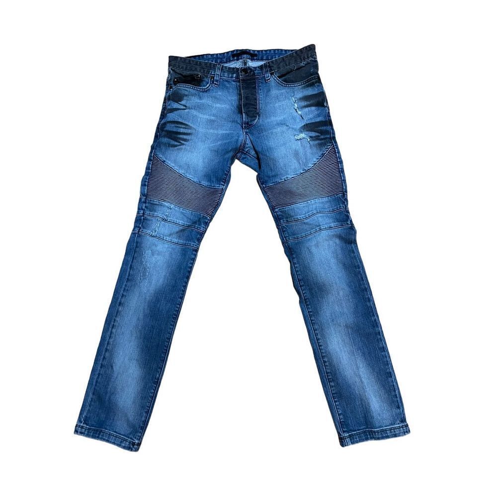 Rogue 31 mens moto biker grunge style button fly jeans denim black patch